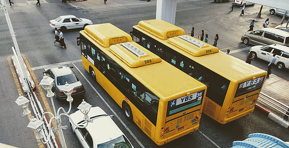 two yellow buses on asphalt road thumbnail