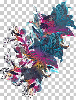 Art Computer file, Artistic lines of flowers, blue and pink flowers illustration PNG clipart