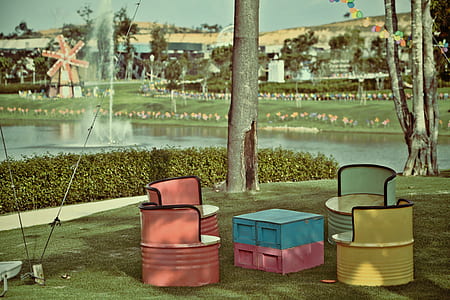 multicolored barrel patio set near a lake photo thumbnail