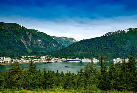Mountain landscape and the town of Juneau in Alaska thumbnail