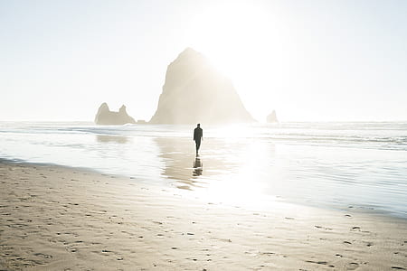 silhouette of man walking on shore thumbnail