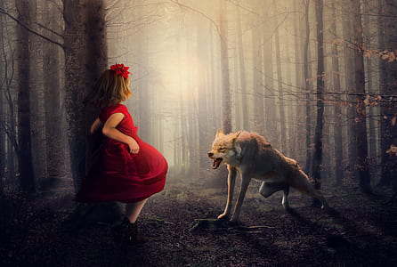 girl in red dress in front of growling wolf in middle of forest thumbnail