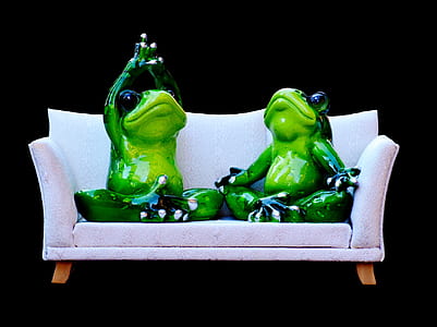 two frog figurines sitting on white fabric sofa closed up photography thumbnail