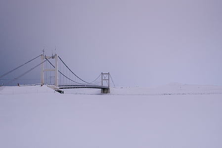 photo of white suspension bridge covered with snow thumbnail