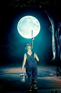 boy holding fishing rod and pail during night time illustration thumbnail