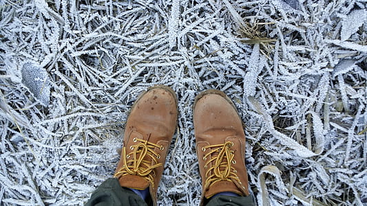 person wearing brown leather work boots thumbnail