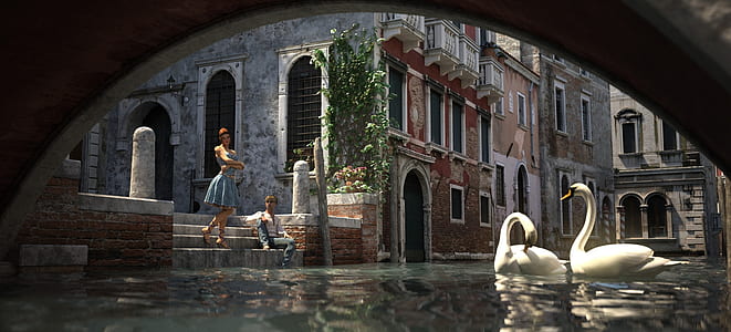 man and woman seating on stair in front of river with swans thumbnail