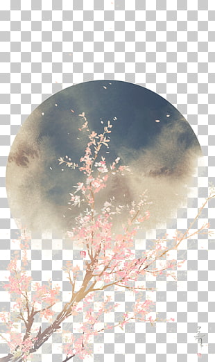 Japan Art Drawing , Beautiful,drawn illustration antiquity, cherry blossoms under moon PNG clipart