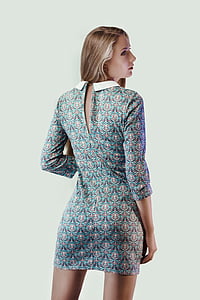 woman wearing grey and blue collared mini dress thumbnail