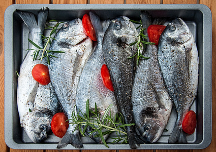 six fish on tray with tomato and herbs thumbnail