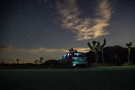 gray 5-door hatchback parked near tree during night time thumbnail