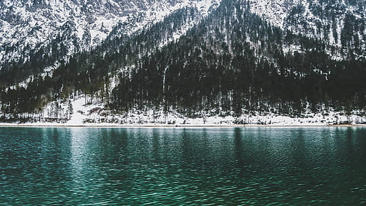 mountain covered with snow and pine trees reflecting on body of water thumbnail