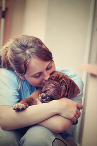 woman hugging short-coated brown puppy thumbnail