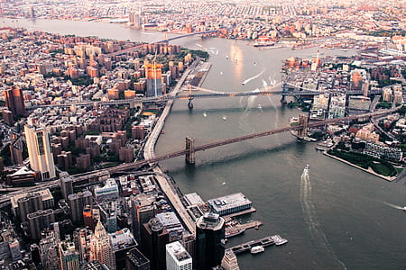 bird's eye view photo of city with suspension bridge thumbnail