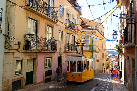 yellow and white bus near person standing at daytime thumbnail