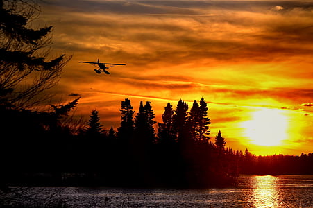 silhouette photography of biplane under golden hour thumbnail