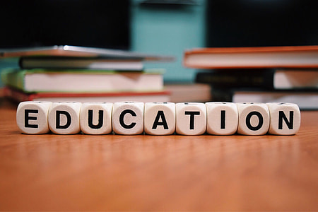 selective focus of dice with education text freestanding decor thumbnail