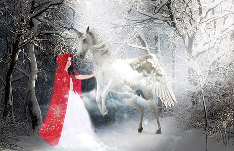 woman in red cape touching white unicorn thumbnail