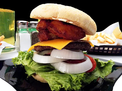 cheeseburger sandwich with lettuce, bacon, onions, and tomato thumbnail
