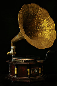 brown and gold-colored His Master's Voice gramophone thumbnail