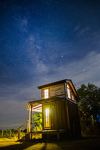 house near trees under starry sky thumbnail