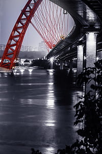 selective color photography of metal suspension bridge over calm river thumbnail