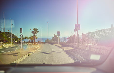 This picture is taken from inside a car through the windhield with the dashboard visible on the lower edge of the picture. The car is driving down a palm-lined ocean road under a blue sky with the ocean inthe background. The sunshine is reflected in the windshield of the car. thumbnail