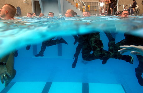 men in military suit swimming on pool thumbnail