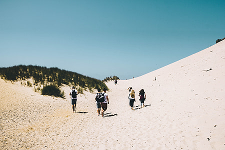 five person walking on sand near green grass under blue sky during daytime thumbnail