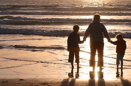 woman, boy, and girl on seashore during daytime thumbnail