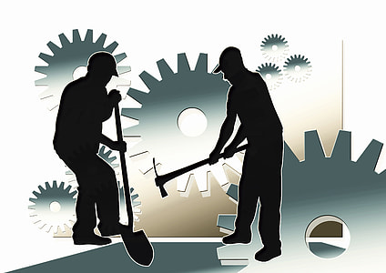 silhouette of two man digging with gears backdrop illustration thumbnail