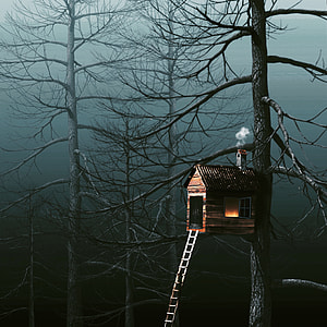 brown tree house with chimney releasing smoke thumbnail