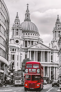 selective-color of red double decker bus thumbnail