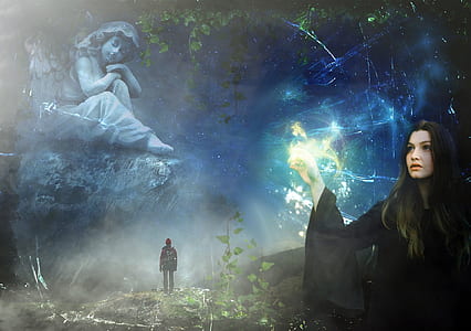 photo of gray angel statue, silhouette of man and woman in black dress thumbnail