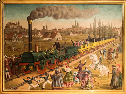 painting of train and people with beige wooden frame thumbnail