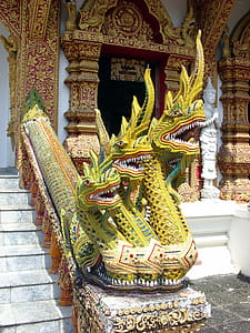 Three-headed Naga temple protector at Wat Bupparam Buddhist Temple in Chiang Mai in north Thailand thumbnail