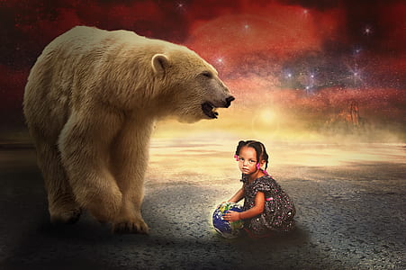 girl playing ball beside polar bear thumbnail
