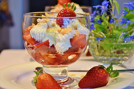strawberries with cream on clear glass cup thumbnail