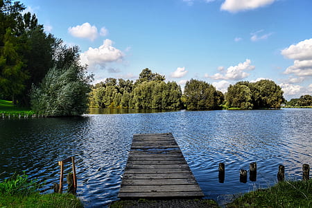 brown wooden bridge near body of water during daytime thumbnail