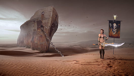 female computer game character standing beside shipwreck in desert thumbnail