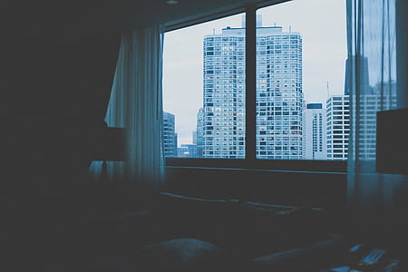 grayscale photo of glass window displaying high rise building thumbnail