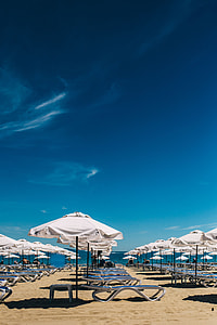 Umbrellas and lounge chairs on Sunny Beach, Bulgaria thumbnail