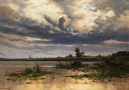 landscape painting of trees and grass near water thumbnail