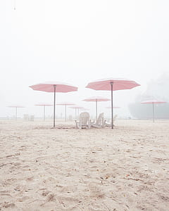 two white wooden Adirondack chairs near pink beach umbrellas thumbnail