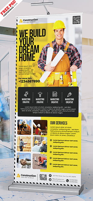 Construction Company Roll-up Banner Design PSD psd file