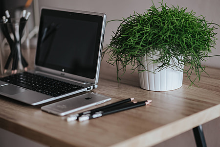 Silver Acer laptop on a wooden desk with a green plant, pencils and an Apple iPhone thumbnail