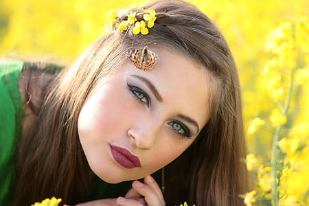 girl, butterfly, camp, flowers, yellow, beauty thumbnail