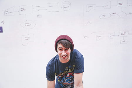 man wearing blue and red crew-neck t-shirt and red beanie thumbnail