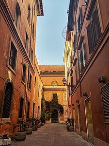 alley in the middle of brown concrete buildings thumbnail