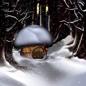 Mushroom house in the snow in the woods thumbnail